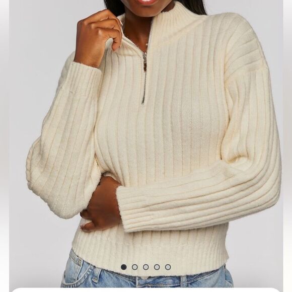 NWOT Forever 21 Small Cream Vanilla Ribbed Half-Zip Sweater - Picture 2 of 5